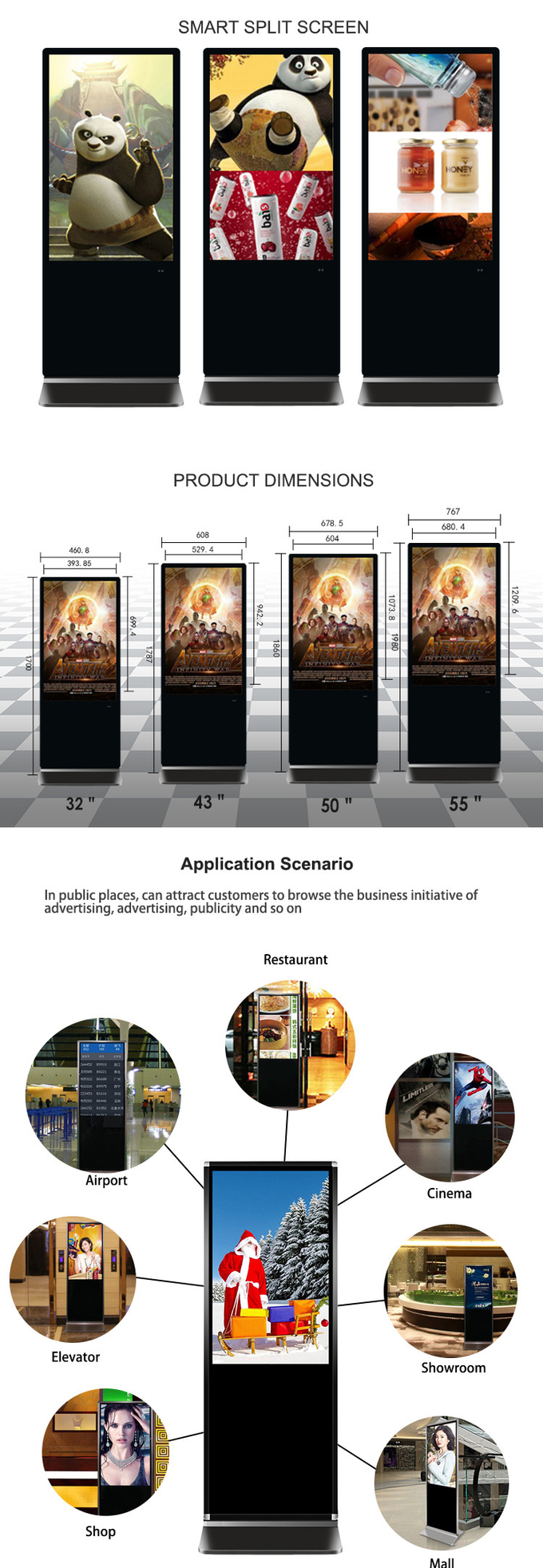43 49 publicidad del LCD de 55 pulgadas exhibe la señalización al aire libre 0 del soporte del piso de la pantalla digital del alto brillo